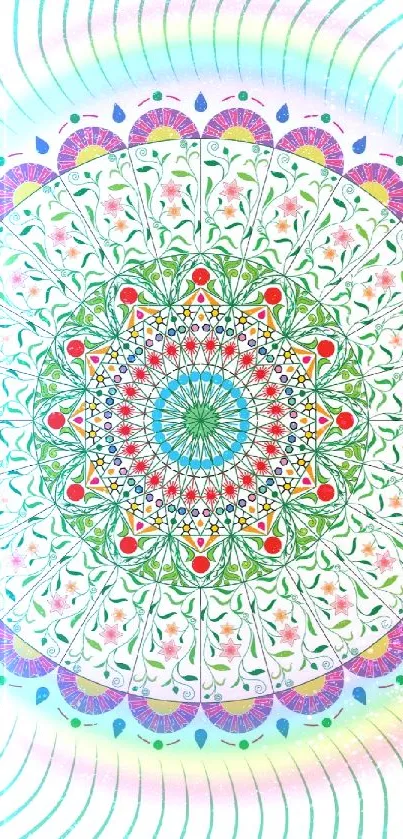 Intricate and colorful mandala design with green and rainbow highlights.