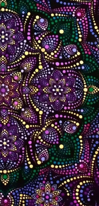 Vibrant mandala dot design in purple and yellow tones with intricate patterns.