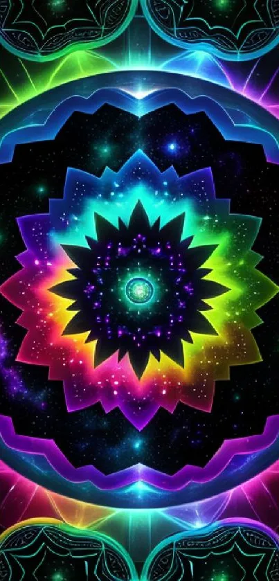 Vibrant mandala galaxy wallpaper with psychedelic colors.