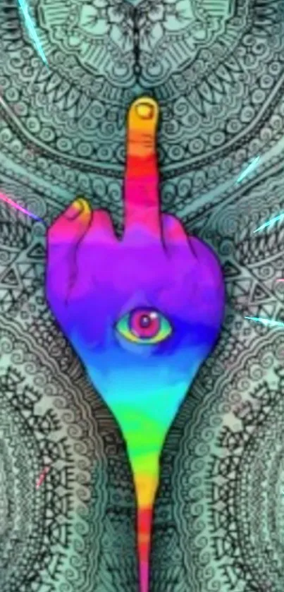 Vibrant mandala wallpaper with a rainbow hand design.