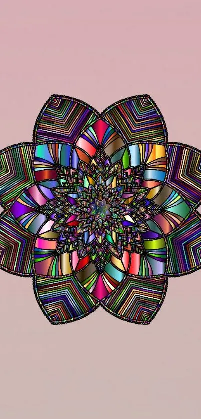 Colorful mandala design on a pink gradient background.