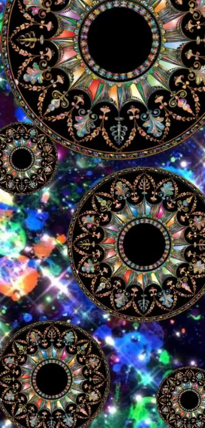 Vibrant mandala with cosmic background on phone wallpaper.