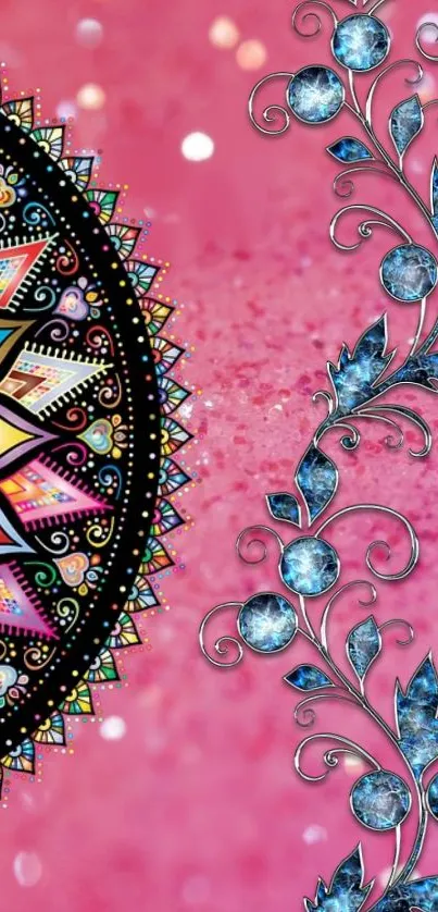 Intricate mandala and blue gem design on a vibrant pink wallpaper.