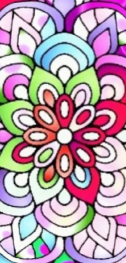 Colorful mandala with vibrant pink hues and intricate designs suitable for phone wallpaper.