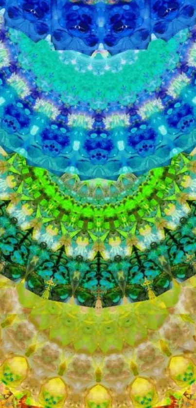 Colorful mandala phone wallpaper with blue, green, and orange patterns.