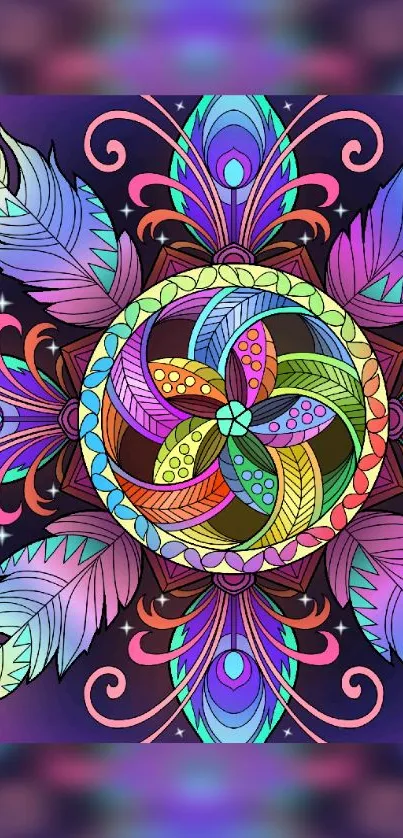 Vibrant mandala design with colorful intricate patterns and purple background.