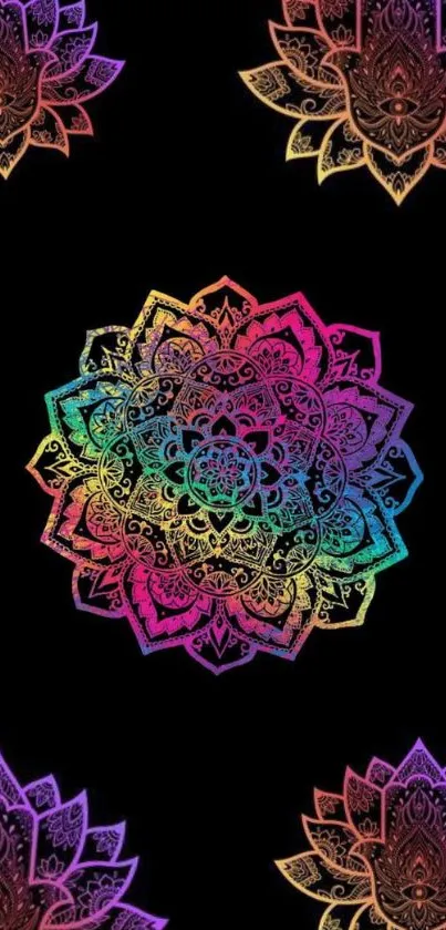 Colorful mandala phone wallpaper with intricate design on black background.