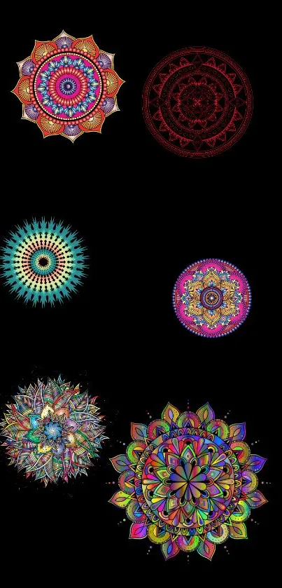 Vibrant mobile wallpaper with colorful mandalas on a black background.