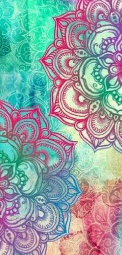 Colorful mandala wallpaper with intricate patterns on a watercolor background.