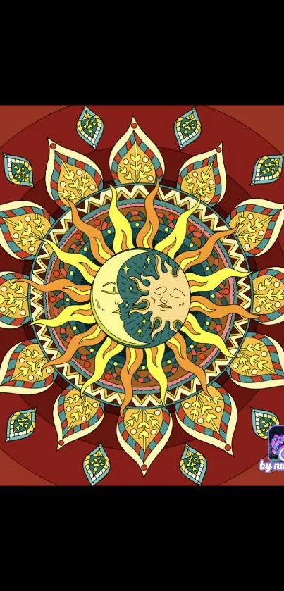 Vibrant mandala sun design in red and yellow hues on mobile wallpaper.