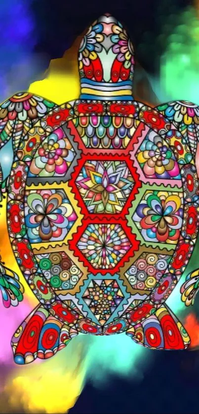 Intricate, colorful turtle mandala design with vibrant colors.