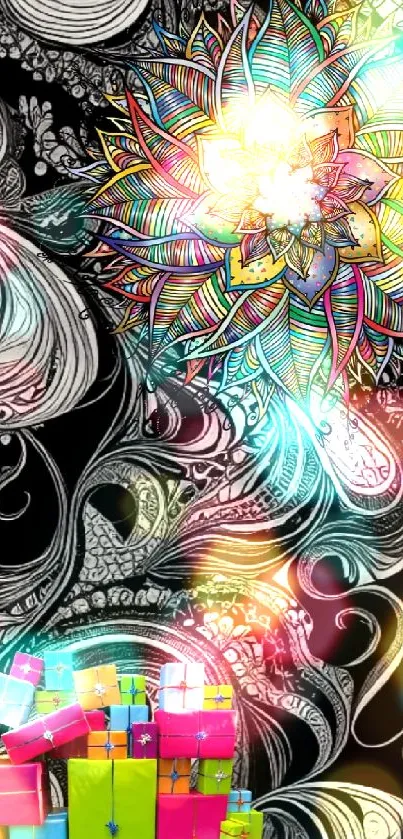 Colorful mandala with gift boxes on abstract black background.