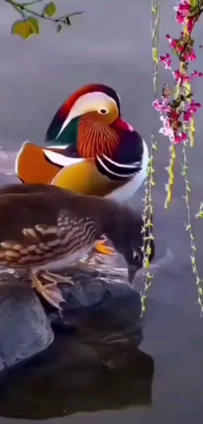 Beautiful Mandarin ducks by a tranquil lake.