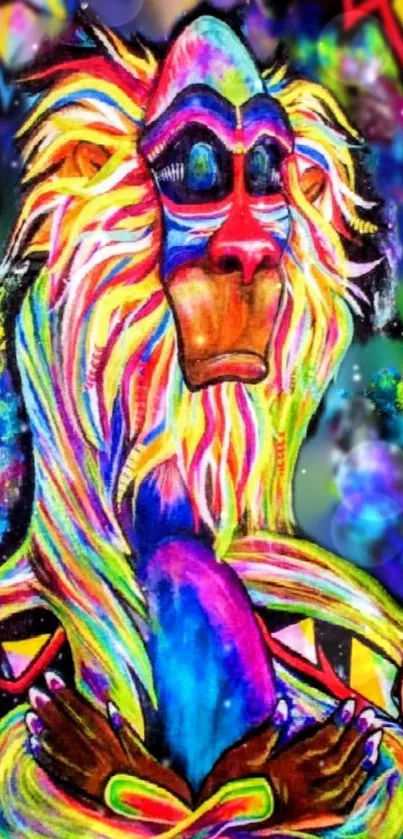 Vibrant abstract mandrill art in rainbow colors.