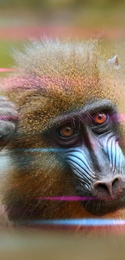 Close-up of a colorful mandrill with vibrant facial patterns.