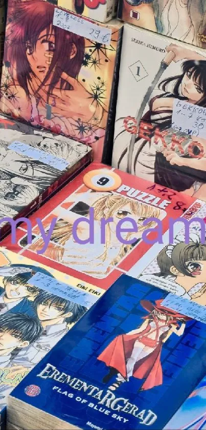 Vibrant manga book covers with diverse anime illustrations.