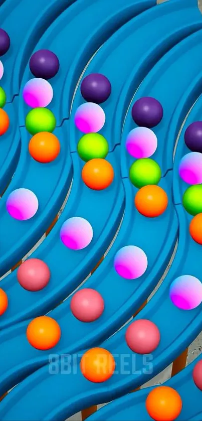 A vibrant cascade of colorful marbles on a blue background.