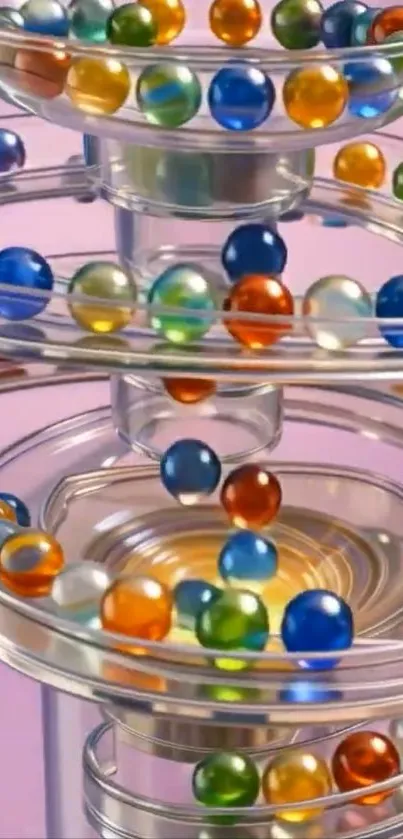 Colorful marbles on a spiral track with purple background.