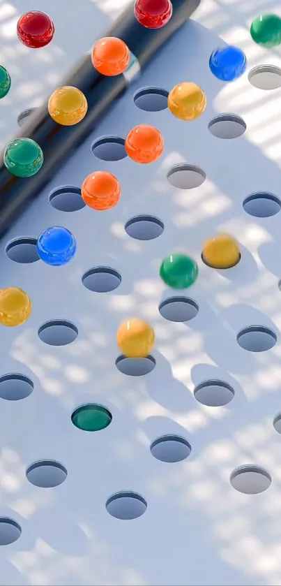 Colorful marbles on white surface with shadows.