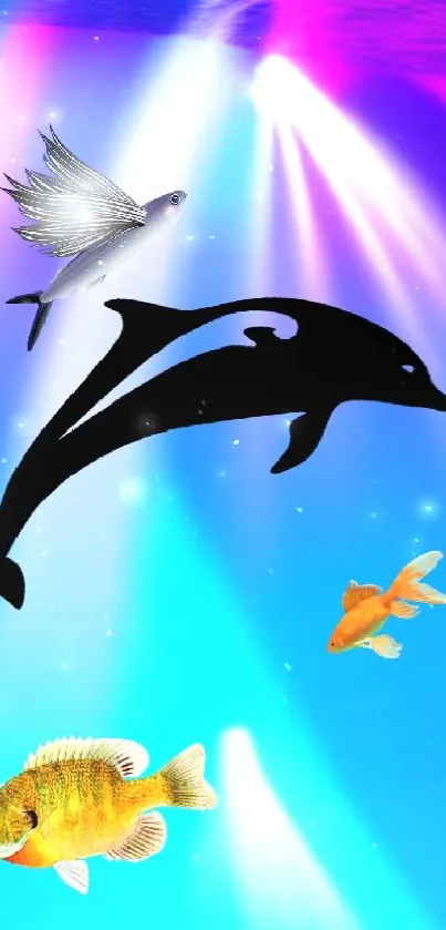 Artistic dolphin with colorful fish in vibrant underwater scene wallpaper.