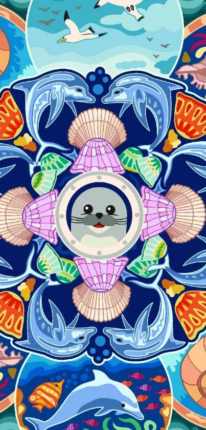 Colorful marine mandala with seal and dolphins on a mobile wallpaper.