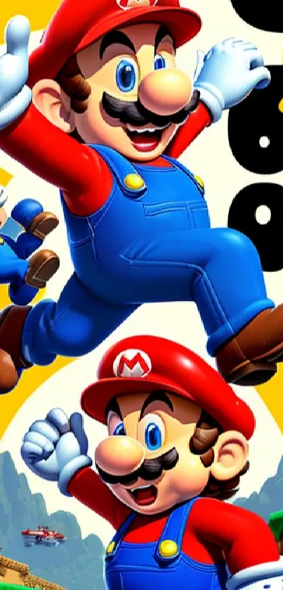 Vibrant Mario wallpaper with dynamic characters and colorful background.