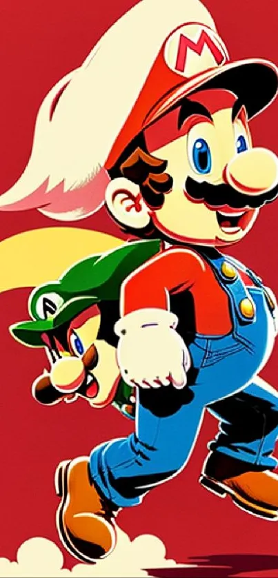 Vibrant illustration of Mario and Luigi jumping.