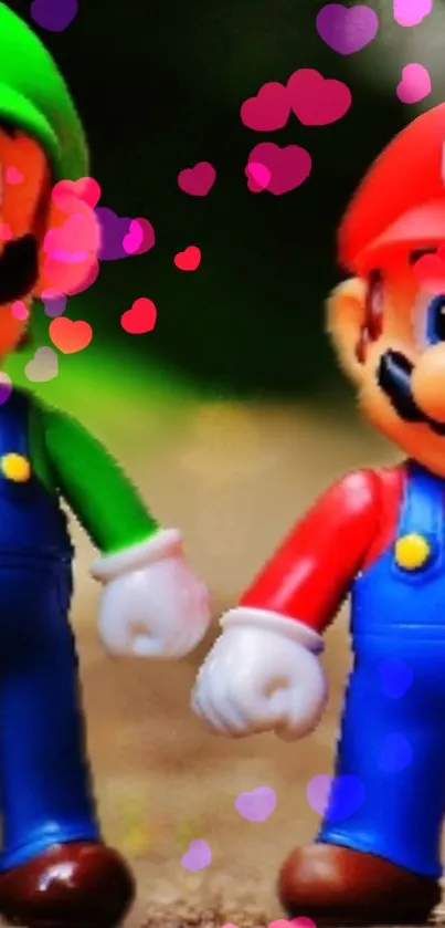 Mario and Luigi wallpaper with heart patterns.