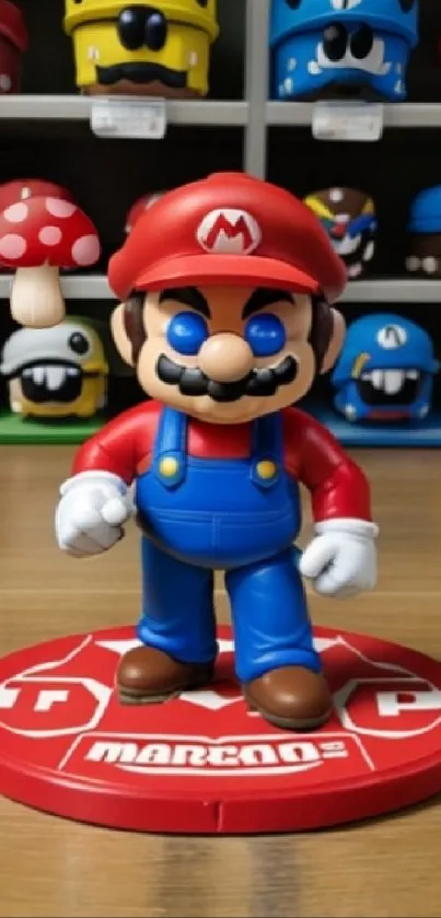 Mario figure with colorful helmets on display shelf.