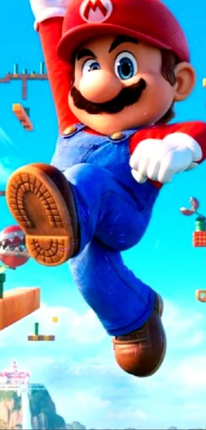 Mario is jumping with a bright, colorful gaming background.