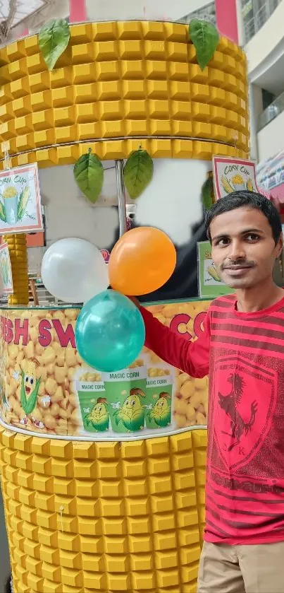 Vibrant corn stand with balloons at indoor market.