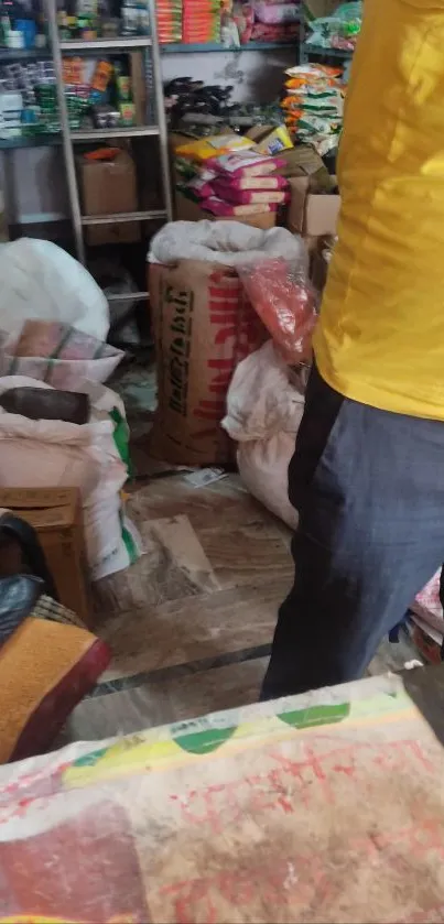 Colorful market scene with goods and packaging in a busy store.