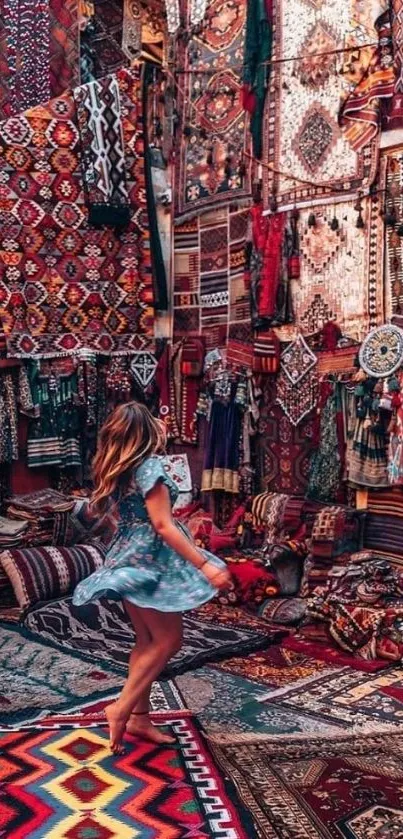 Vibrant tapestry market with intricate patterns displayed on walls.