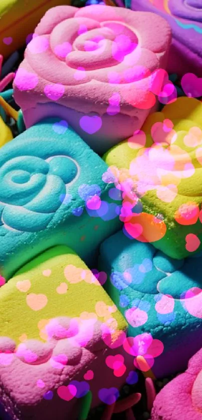 Colorful marshmallows with heart overlays in vibrant wallpaper.