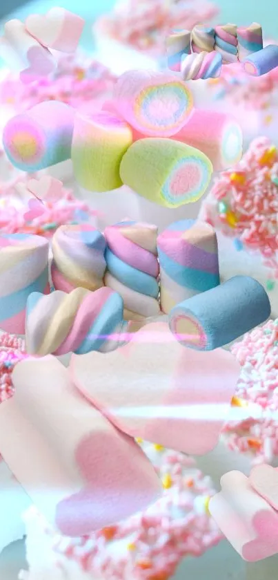 Fluffy marshmallows topped with colorful sprinkles on a pastel turquoise background.