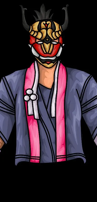 Character with colorful mask and attire on dark background.