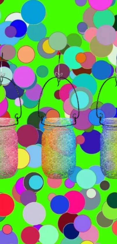 Colorful mason jars with polka dots on bright green wallpaper.