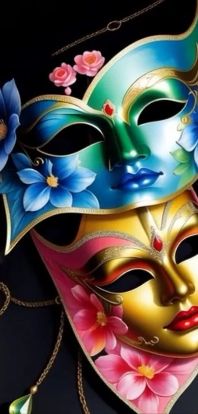 Vibrant floral masquerade masks on black background.