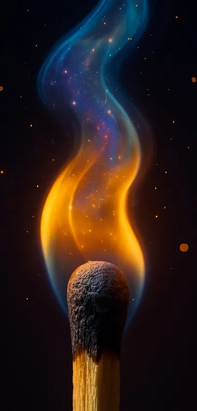 Colorful matchstick flame on dark background.
