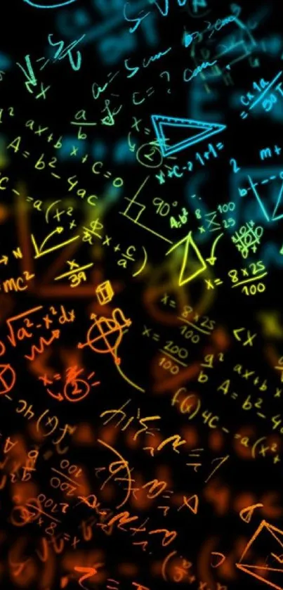 Vibrant math formulas on a black background.