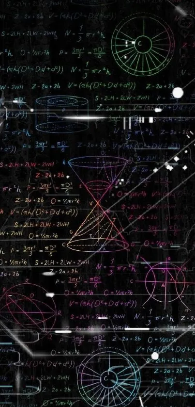 Colorful math formulas and geometric shapes on a black background wallpaper.