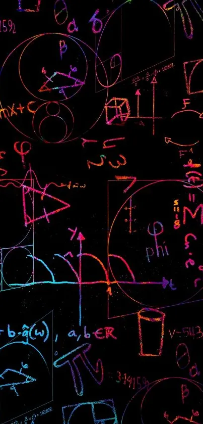 Colorful math equations and symbols on a dark background.