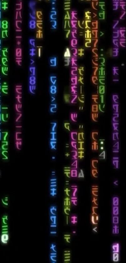 Colorful Matrix-style digital code wallpaper on a black background.