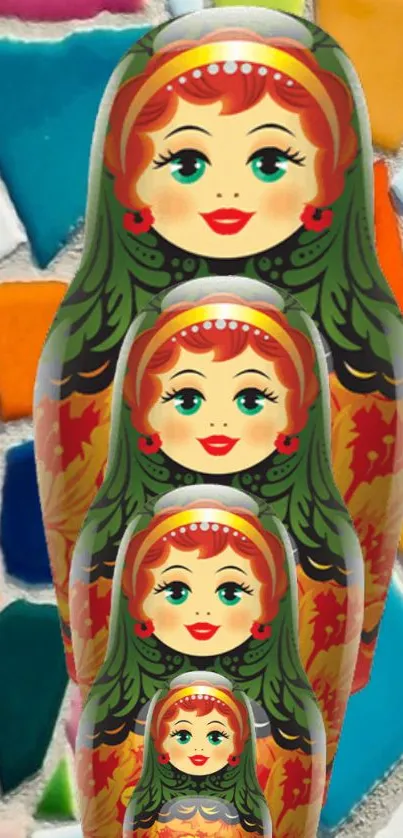 Colorful wallpaper with Matryoshka dolls and mosaic background.