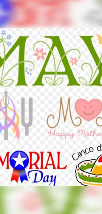 Colorful May celebration wallpaper featuring various holiday designs.