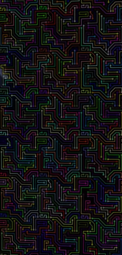 Colorful maze pattern wallpaper with vibrant geometric lines on a dark background.