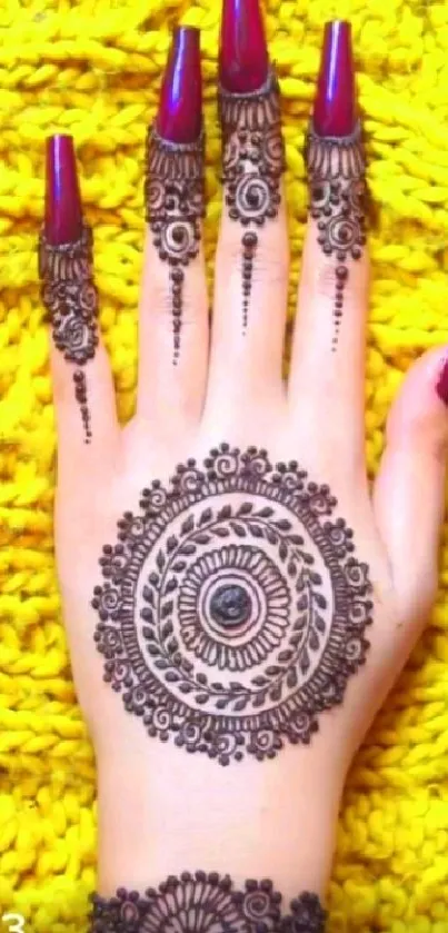 Mehndi design on hand with vibrant yellow background.