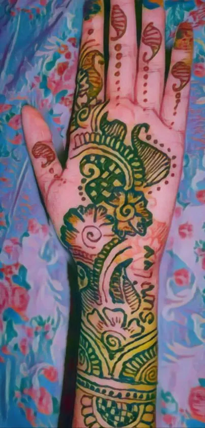 Vibrant mehndi design on a hand with colorful floral patterns.