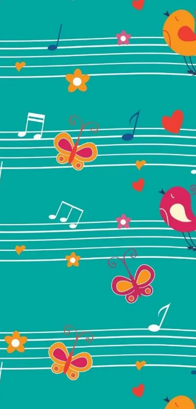 Colorful teal wallpaper with musical notes and whimsical birds.