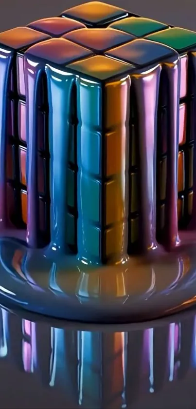 Colorful melting cube on reflective surface, artistic wallpaper design.